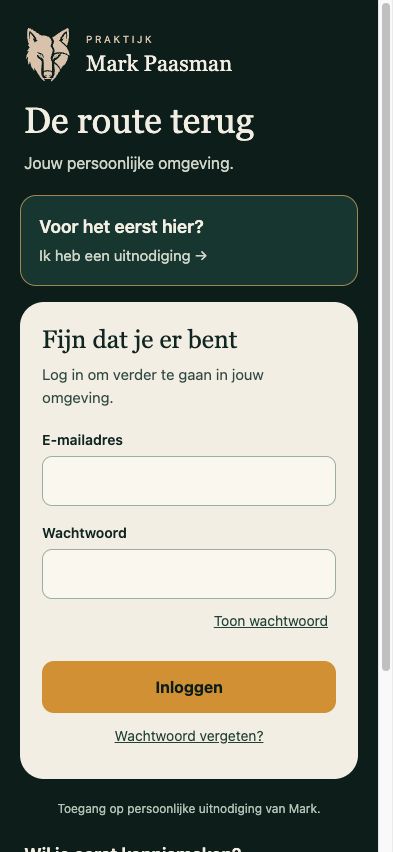 Het echte toegangsscherm van Mark in the pocket, met persoonlijke uitnodiging en lege inlogvelden.